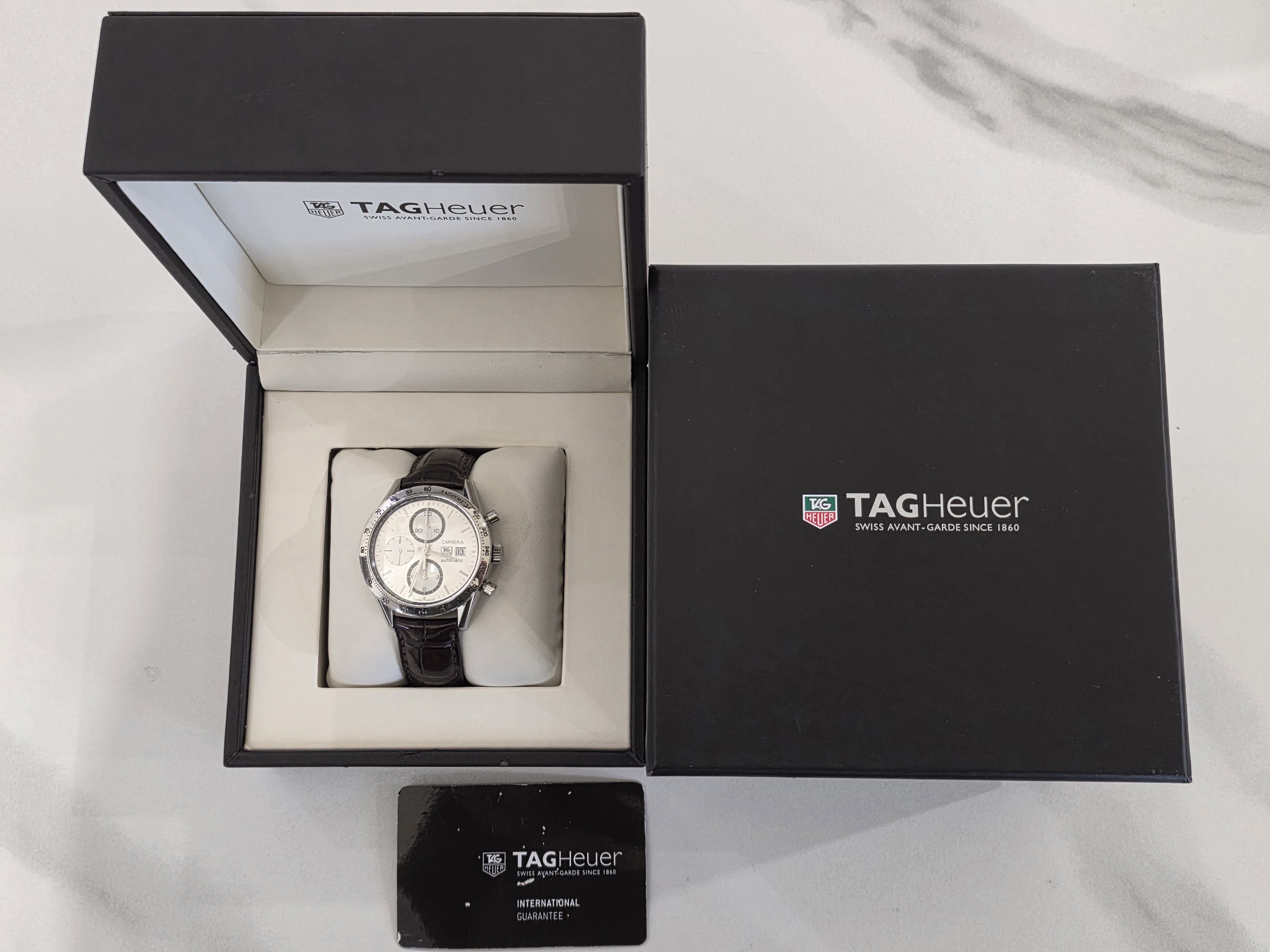 태그호이어 까레라 칼리버16 실버 크로노 크래프 41MM 가죽줄 2014년 CV2017.BA0786